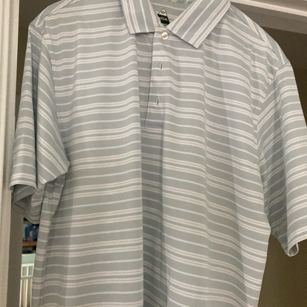 Classic casual golf shirt. Subtle blue/grey stripe, like new.